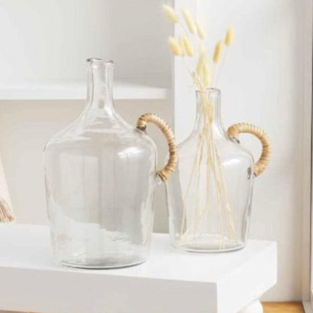 Set/2 Glass Jugs With Wicker Wrapped Handles